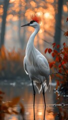 Naklejka premium Elegant white crane wading in sunset waters, reflecting the warm light. A majestic bird in a serene autumnal scene.