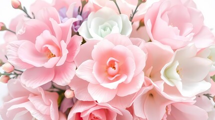 Obraz premium Pink Paradise: A close-up shot of a bouquet of delicate pink roses and other flowers, showcasing a vibrant array of colors and textures, perfect for conveying feelings of love and beauty.
