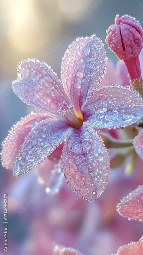 Aufkleber a fragile pink flower displays its intricate petals adorned with glistening dew droplets, illuminate