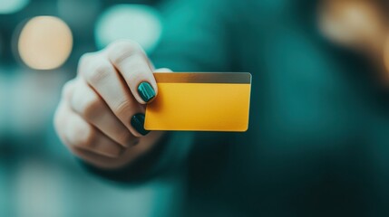 A close-up of a hand holding a yellow credit card, set against a softly blurred background with bokeh effects.