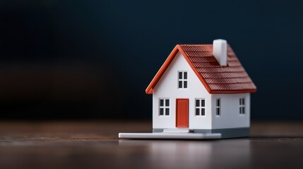 A small model house with a red roof and door, sitting on a wooden surface against a dark background.
