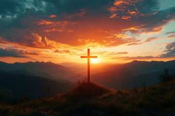 Obraz premium Cross silhouetted against a dramatic sunset, symbolizing the sacrifice of Good Friday