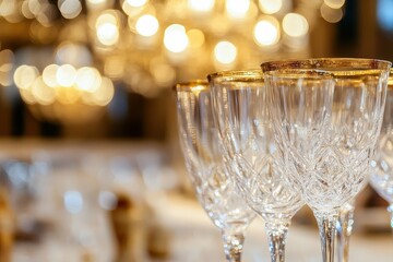 Close up of elegant wine glasses with golden rims