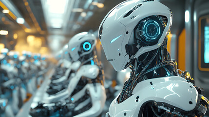 Autonomous robots working side by side in a futuristic factory, assembling high-end electronics with pinpoint accuracy.