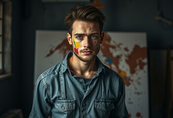 Obraz premium Moody portrait of a male artist with a paint-splattered face