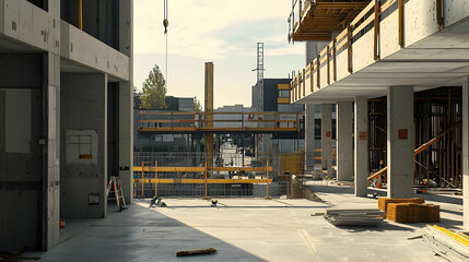 Construction Site With Concrete Structures And Scaffolding On A Bright Sunny Day With Modern Architecture Design