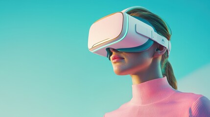 A young woman wears a futuristic VR headset, immersed in virtual reality against a vibrant, colorful background.