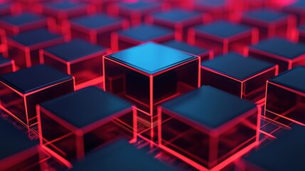 A vibrant array of red and blue 3D cubes, creating a striking visual pattern with a futuristic feel.