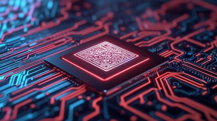 A digital circuit board features a glowing QR code, highlighting the intersection of technology and modern connectivity.