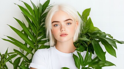 Fototapeta premium Young woman with platinum blonde hair surrounded by lush green plants. Natural beauty and fresh vibes.