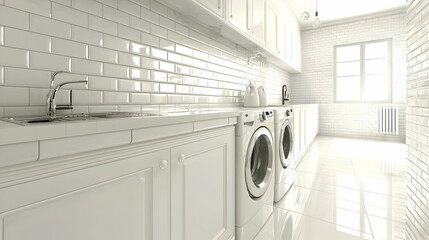 Modern white laundry room with washer, dryer, sink, and bright window.  Ideal for home improvement or real estate listings