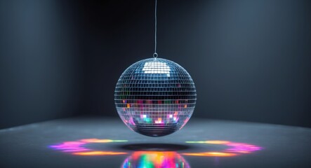 Shiny disco ball hanging from a string reflecting colorful lights in a dimly lit room.