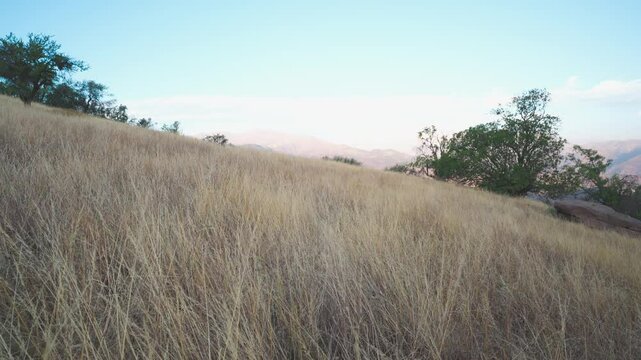 Suave colina con hierba que se mueve con la brisa de un atardecer y mostrando colinas a la distancia