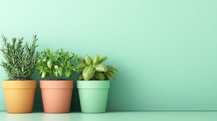 Obraz premium Organic herb garden, pots with fresh basil, mint, and rosemary, 3D illustration