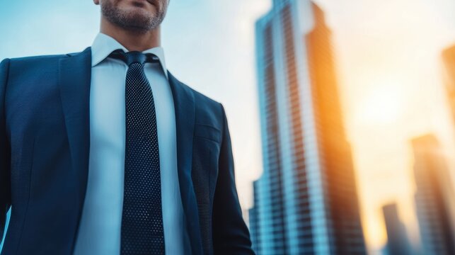 A well-dressed man stands confidently in front of modern skyscrapers during sunset, exuding professionalism and ambition.