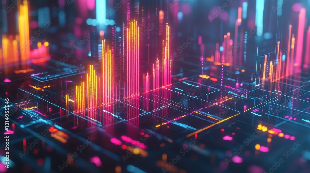 Poster a vibrant digital representation of data visualization, featuring colorful charts and graphs set aga