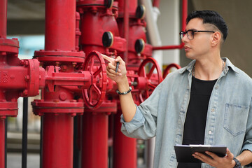 Male engineer inspects water pipelines in the engineering system area of the factory outside where...