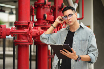 Male engineer inspects water pipelines in the engineering system area of the factory outside where...