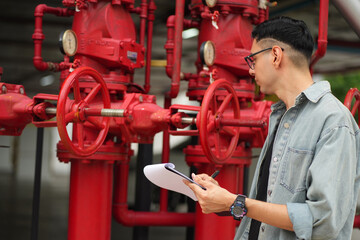 Male engineer inspects water pipelines in the engineering system area of the factory outside where...