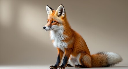 Fototapeta premium A young red fox sitting with a shadowed background looking away.
