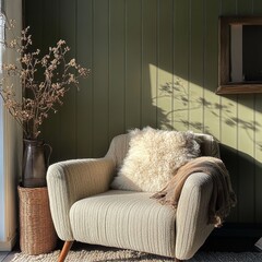 A cozy armchair sits in a sunlit and relaxing room