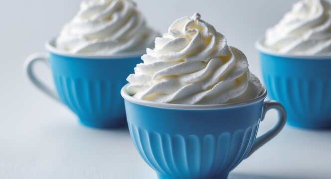 Whipped Cream Perfection in Blue Cups - A Culinary Delight.