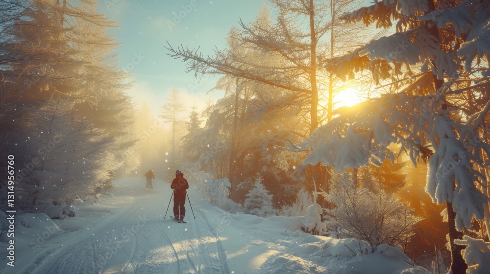 Poster early winter morning features skiers navigating a snow covered trail in a serene forest, with golden