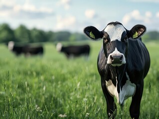 Organic dairy farm, cows grazing on pasture, 3D illustration