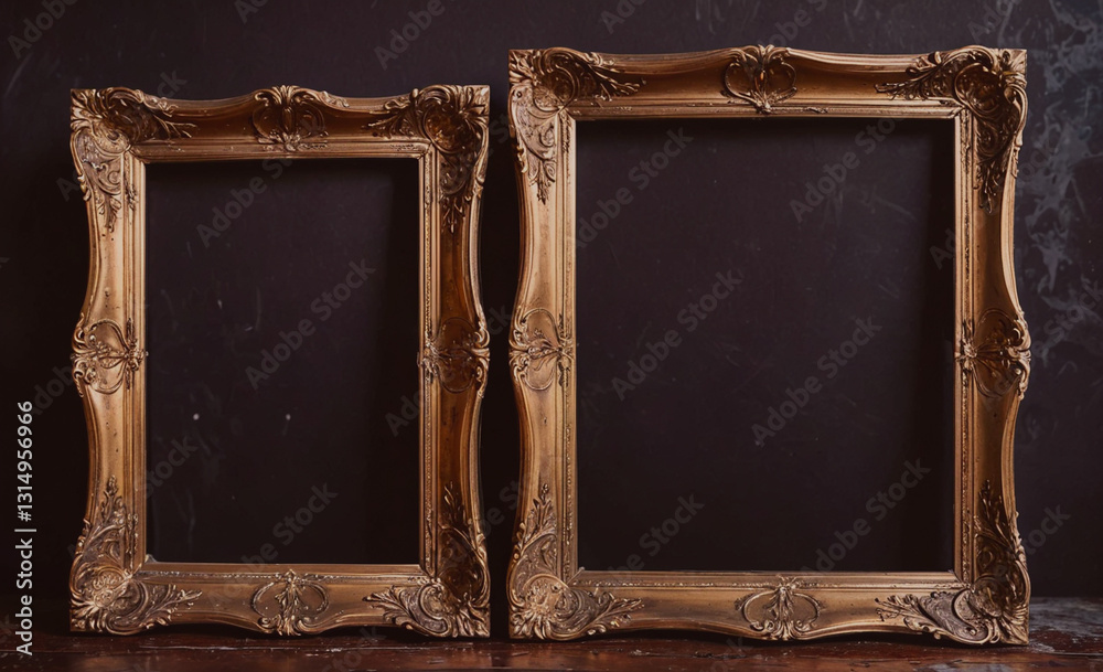 Poster Two gold framed picture frames sit on a table. The frames are empty, and the table is dark