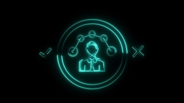 Glowing neon decision icon isolated on black background. 4k video motion graphic animation.