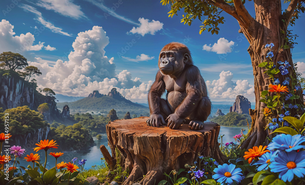 Poster baby gorilla sits on a log in a lush green forest. the sky is blue and there are clouds in the backg