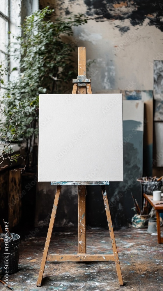 Poster a blank canvas stands proudly on an easel in a serene artist's studio. sunlight streams through the 