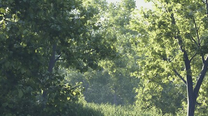 Fototapeta premium A serene forest scene with lush green trees and soft sunlight filtering through the foliage.