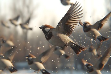 Obraz premium Sparrows under the Sun and Spring Park