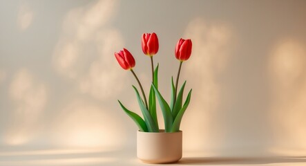 Obraz premium Three Red Tulips Bask in Sunlight on Beige Background