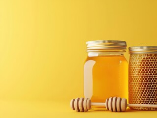 Organic honey jar, with honeycomb and dipper, 3D illustration