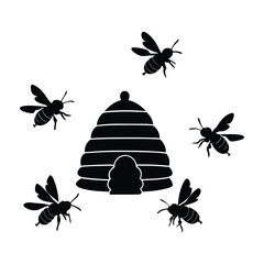 Bees flying near beehive on white silhouette art design