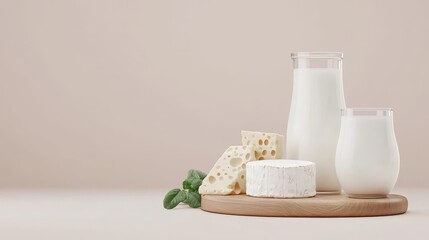 Organic dairy products, milk and cheese on wooden board, 3D illustration
