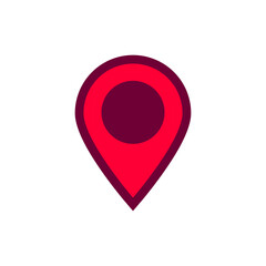 Red location pin with a dark circle center symbolizes map navigation or digital geolocation.
