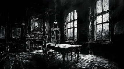Dark, Victorian study; rain outside; documents on desk; potential use suspense novel cover