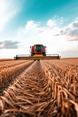 Obraz premium A large combine harvester dominates the field, skillfully collecting sugar beets. The low-angle view accentuates the machine's impressive scale against a vibrant sky during golden hour