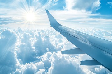 Obraz premium Airplane Wing Over White Fluffy Clouds with Bright Sunlight above