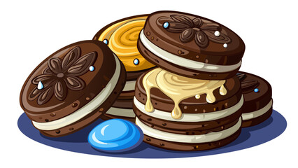 Delicious Oreo biscuits with chocolate and cream on white background