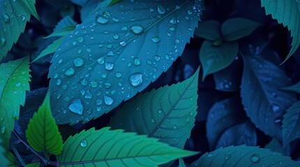 Obraz premium Lush green leaves glisten with water droplets reflecting the beauty of nature. The interplay of light and shadow creates a captivating visual experience