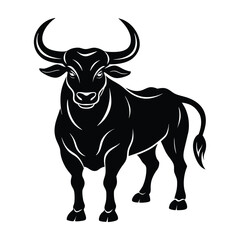 Bull standing with muscular body and curved horns silhouette on white