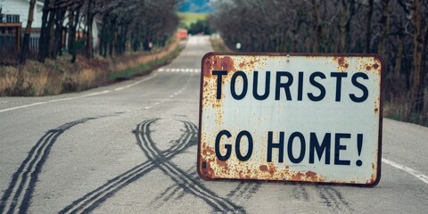 "Old Rusty 'Tourists Go Home!' Sign on Paved Road Surrounded by Trees and Buildings"