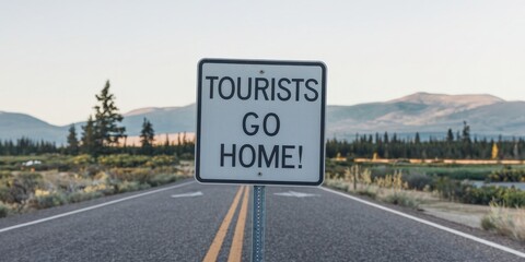 "Serene Landscape with 'Tourists Go Home!' Sign Amidst Mountains and Clear Sky"