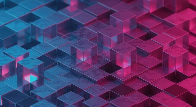 Abstract cubes, neon pink and blue, geometric pattern, 3D rendering, cyberpunk aesthetic, futuristic cityscape, glowing edges, isometric design, digital art, synthwave style, high contrast, reflective