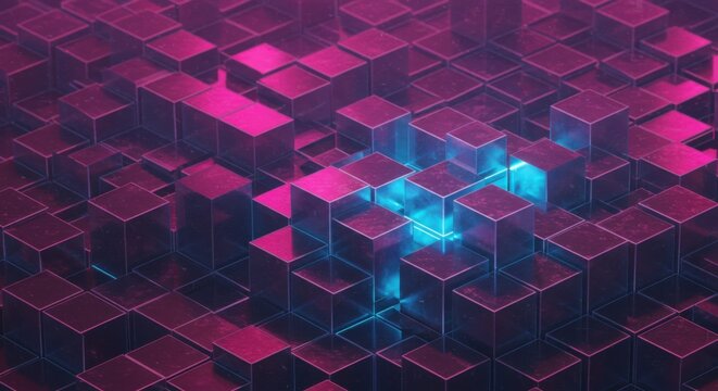 Abstract cubes, neon pink and blue, geometric pattern, 3D rendering, cyberpunk aesthetic, futuristic cityscape, glowing edges, isometric design, digital art, synthwave style, high contrast, reflective