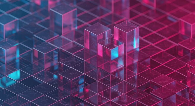 Abstract cubes, neon pink and blue, geometric pattern, 3D rendering, cyberpunk aesthetic, futuristic cityscape, glowing edges, isometric design, digital art, synthwave style, high contrast, reflective